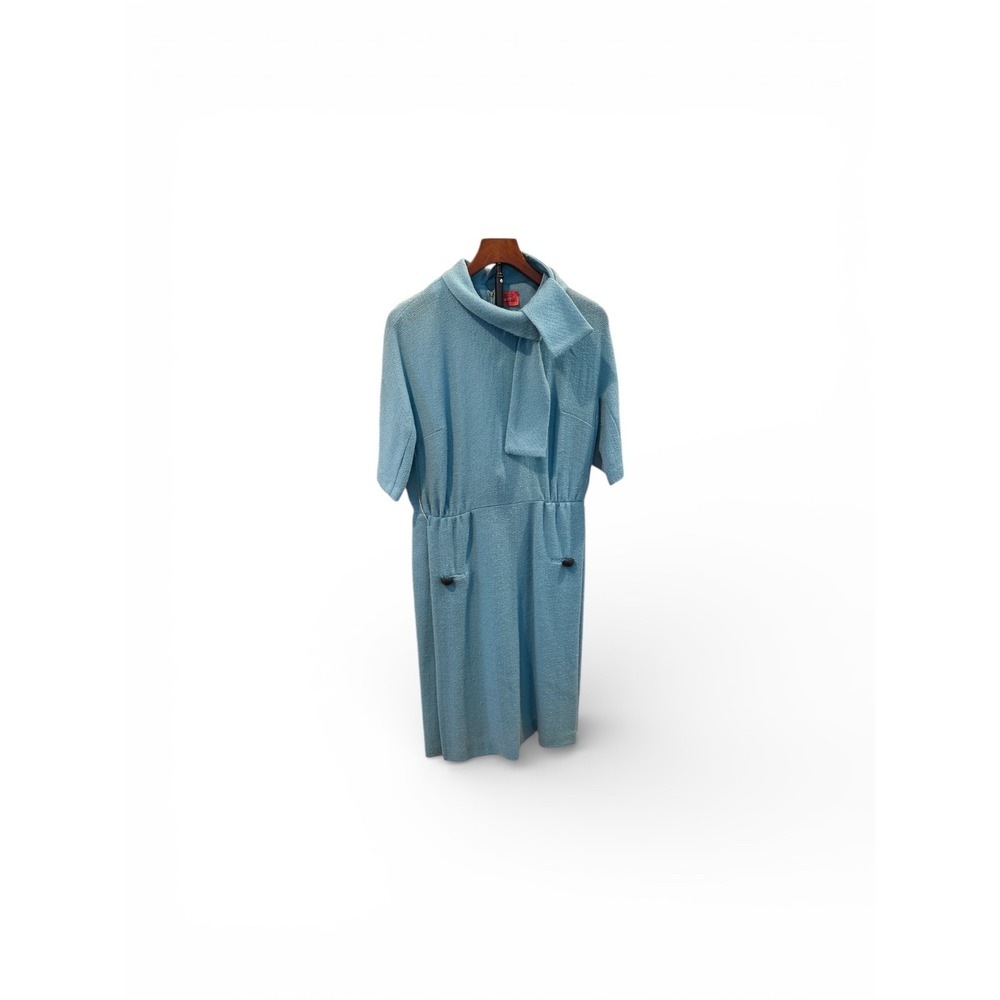 Vtg early 1960s Light Blue Textured Midi Dress with Scarf Collar Short Sleeves L